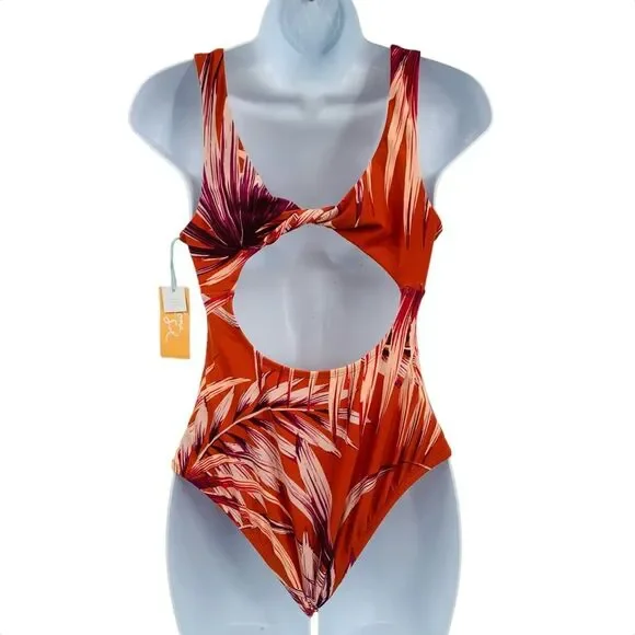 Kona Sol One Piece Swimsuit Tropical Burnt Orange Print - Picture 3 of 10